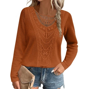 Women's waffle knit long sleeve top in caramel with elegant hollow lace neckline detail