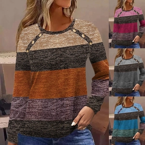 Women Casual Striped Color Block T-Shirt Round Neck Long Sleeve Top With Decorative Shoulder Buttons Loose Fall Knitwear