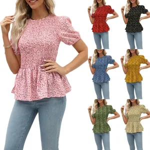 Women Summer Floral Smocked Peplum Top Puff Short Sleeve Round Neck Casual Blouse Elegant Floral Print Shirt Fashion Top