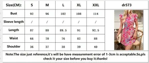 Size chart for floral backless dress with detailed measurements for bust, waist and length
