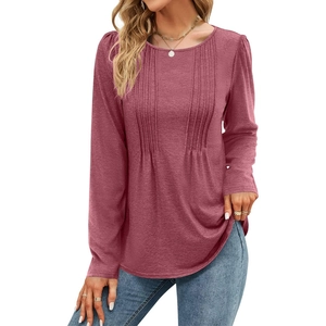 Women's crew neck long sleeve pleated knit top in dusty rose with subtle puff sleeves