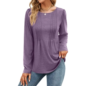 Lilac long sleeve crew neck t-shirt for women with elegant front pleated textures