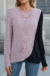 Detail of lavender ribbed knit top featuring exquisite black floral lace patchwork details