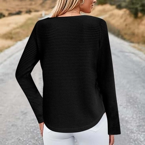 Detail of black waffle-knit long-sleeve top showing texture and fitted back design