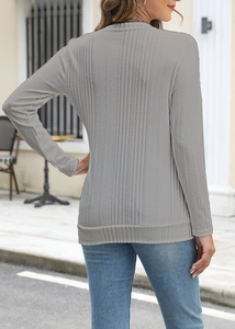 Back view of a grey ribbed long sleeve t-shirt with crew neck and slim fit design