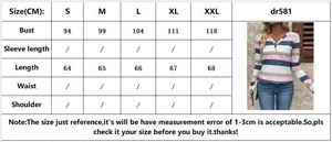 Detailed size chart for women's V-neck striped long sleeve shirt with measurements in CM