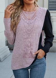 Detail of lavender ribbed knit top featuring exquisite floral lace patchwork and textures