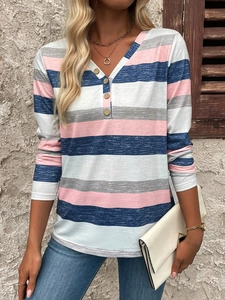 Women's V-neck striped long sleeve t-shirt with buttons in casual knit style