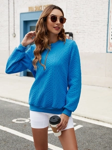 Women's bright blue cable knit quarter-zip sweatshirt with long sleeves and ribbed cuffs