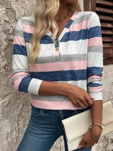 Women's V-neck striped long sleeve T-shirt with vintage wood buttons and colorful stripes