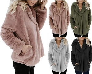 Detail view of fuzzy fleece open front cardigans in pink, olive green, grey and black colors
