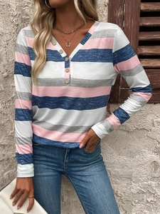 Women's V-neck striped long sleeve T-shirt with wooden buttons in pink and blue colors