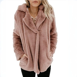 Elegant rose pink faux fur jacket with lapel collar and long sleeves for women