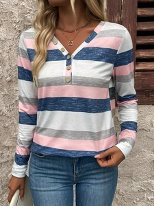 Women's V-neck striped long sleeve t-shirt with buttons in pastel blue and pink