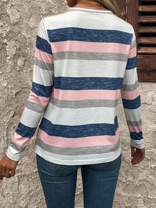 Back view of a long-sleeved striped T-shirt with navy, pink, and grey horizontal patterns