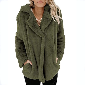 Women's oversized dark green faux fur jacket with lapel collar and long sleeves