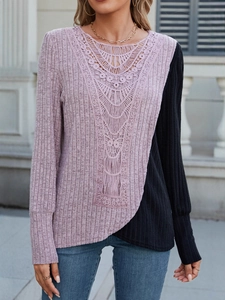 Elegant ribbed knit long sleeve t-shirt with lace splicing and contrast color design