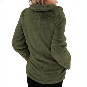 Rear view of women's army green faux fur jacket showing plush texture and seam detail