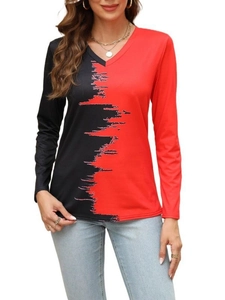 Women's V-neck long sleeve top with unique black and red color block pattern print