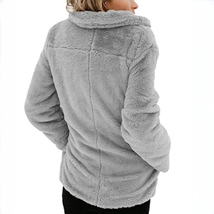 Detailed back view of a plush grey faux fur jacket with lapel collar and long sleeves