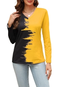 Women's V-neck long sleeve top with black and yellow contrast brushstroke print