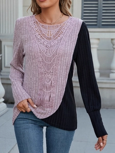Pink and black ribbed long sleeve T-shirt with lace cutout and geometric patchwork design