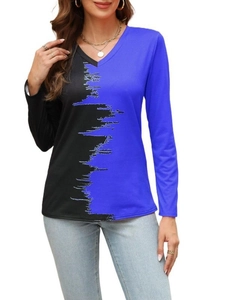 Women's V-neck long sleeve top with blue and black contrast stitching and patchwork design