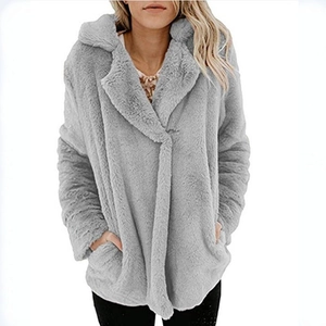 Women's warm grey faux fur hooded jacket with long sleeves and open front pockets