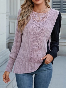 Women's rib-knit long sleeve t-shirt with lace splicing and contrast sleeve details