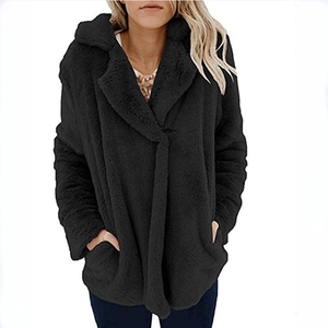 Women's black faux fur open cardigan with lapel collar and side pockets for autumn