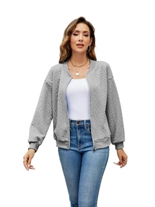 Grey knit zip-up bomber jacket for women with textured fabric and ribbed trim details