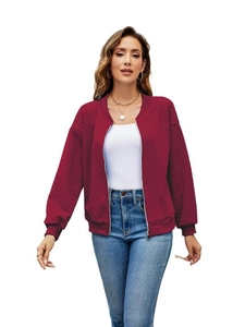 Women's wine red zip-up jacket with diamond embossed texture and ribbed cuffs