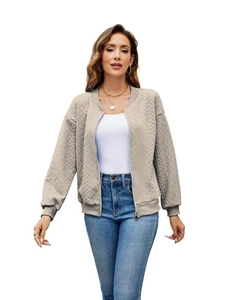 Beige cable knit zip-up cardigan jacket with ribbed cuffs for women in casual outdoor style