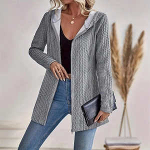 Women's mid-length grey cable-knit hooded cardigan jacket with front zipper and drawstrings