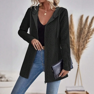 Women's black cable knit hooded cardigan jacket with full zipper and mid-length fit