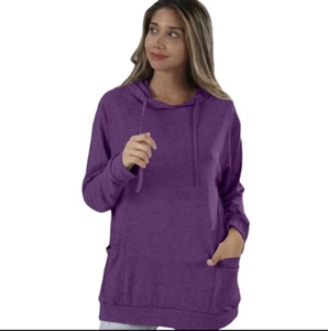 Close-up of adjustable drawstring hood and side pockets on purple hooded sweatshirt