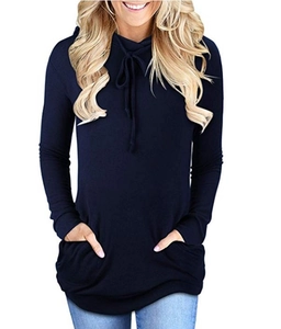 Detail view of deep blue hooded sweatshirt with drawstring neckline and functional pockets