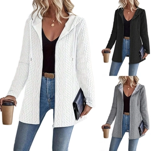 Women's hooded cable knit cardigan jacket with zipper in white, black and gray colors