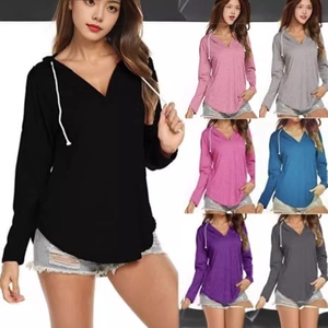 Women's Casual Cotton Blend Hoodie V-Neck Drawstring Pullover Long Sleeve Top Curved Hem Loose Sweatshirt Fashion Streetwear