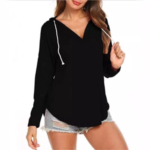 Women's trendy black V-neck hoodie with white drawstrings and long sleeves for a casual look