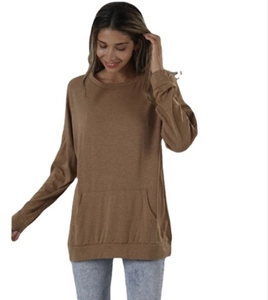Brown loose-fit crewneck sweatshirt with kangaroo pocket and ribbed cuffs for women