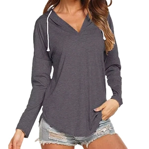 Women's dark grey V-neck hoodie with white drawstrings and long drop shoulder sleeves