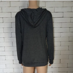 Back view of dark grey long-sleeve hooded sweatshirt with ribbed hem on a mannequin