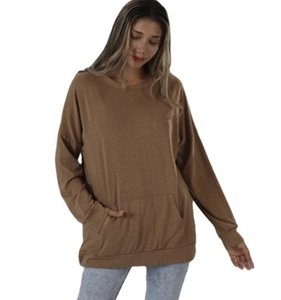 Detail view of khaki oversized long-sleeve sweatshirt featuring large front kangaroo pocket