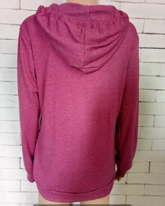 Back view of a rose red hooded sweatshirt featuring long sleeves on a mannequin