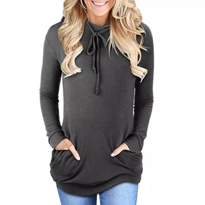 Slim fit dark grey long sleeve hoodie with drawstring hood and side pockets for women