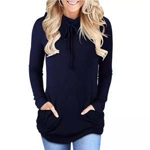 Slim fit navy blue long sleeve hoodie with drawstring high neck and front pockets