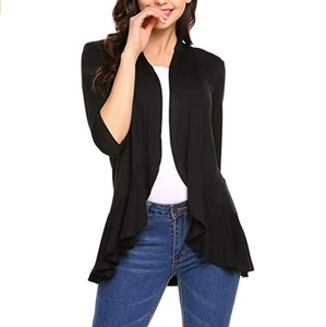 Detail of black open cardigan with ruffled hem and three-quarter length sleeves