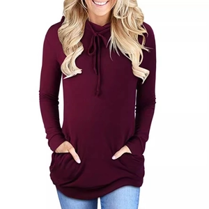 Women's slim fit burgundy long sleeve hoodie with pockets and decorative drawstring