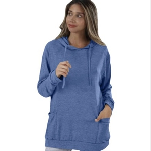 Women's blue heather long sleeve hoodie sweatshirt with drawstring hood and large pockets